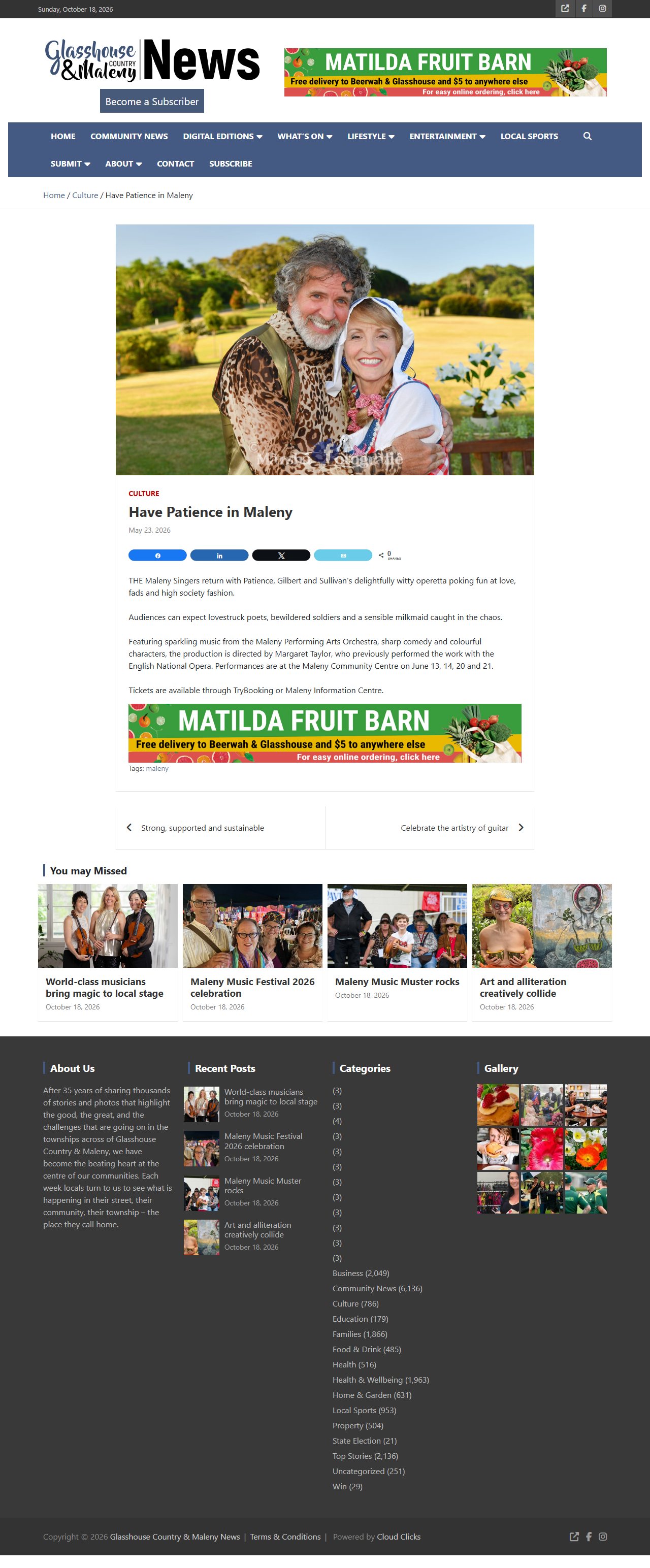 Screenshot of the Glasshouse Country and Maleny News article: Have Patience in Maleny