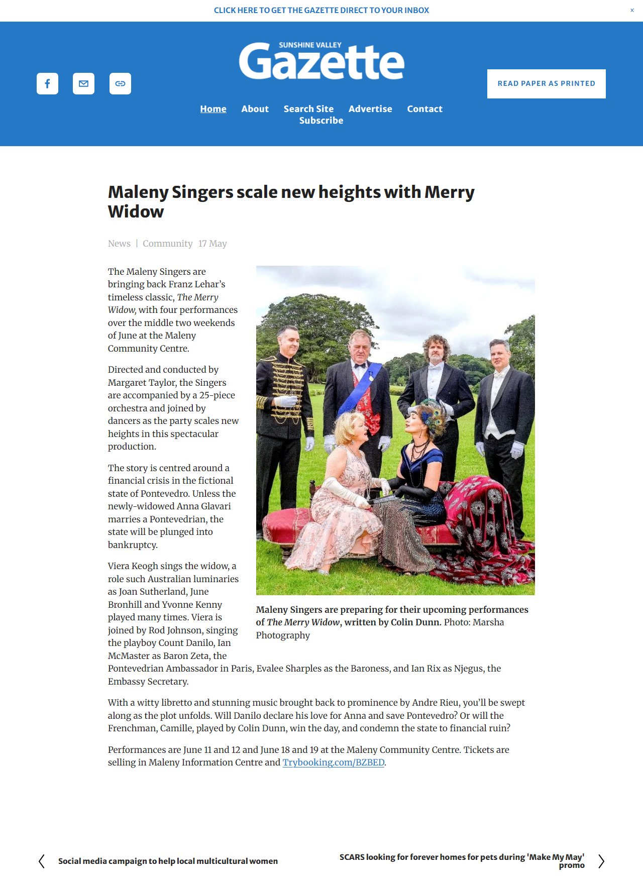 Screenshot of the Sunshine Valley Gazette article: Maleny Singers scale new heights with Merry Widow