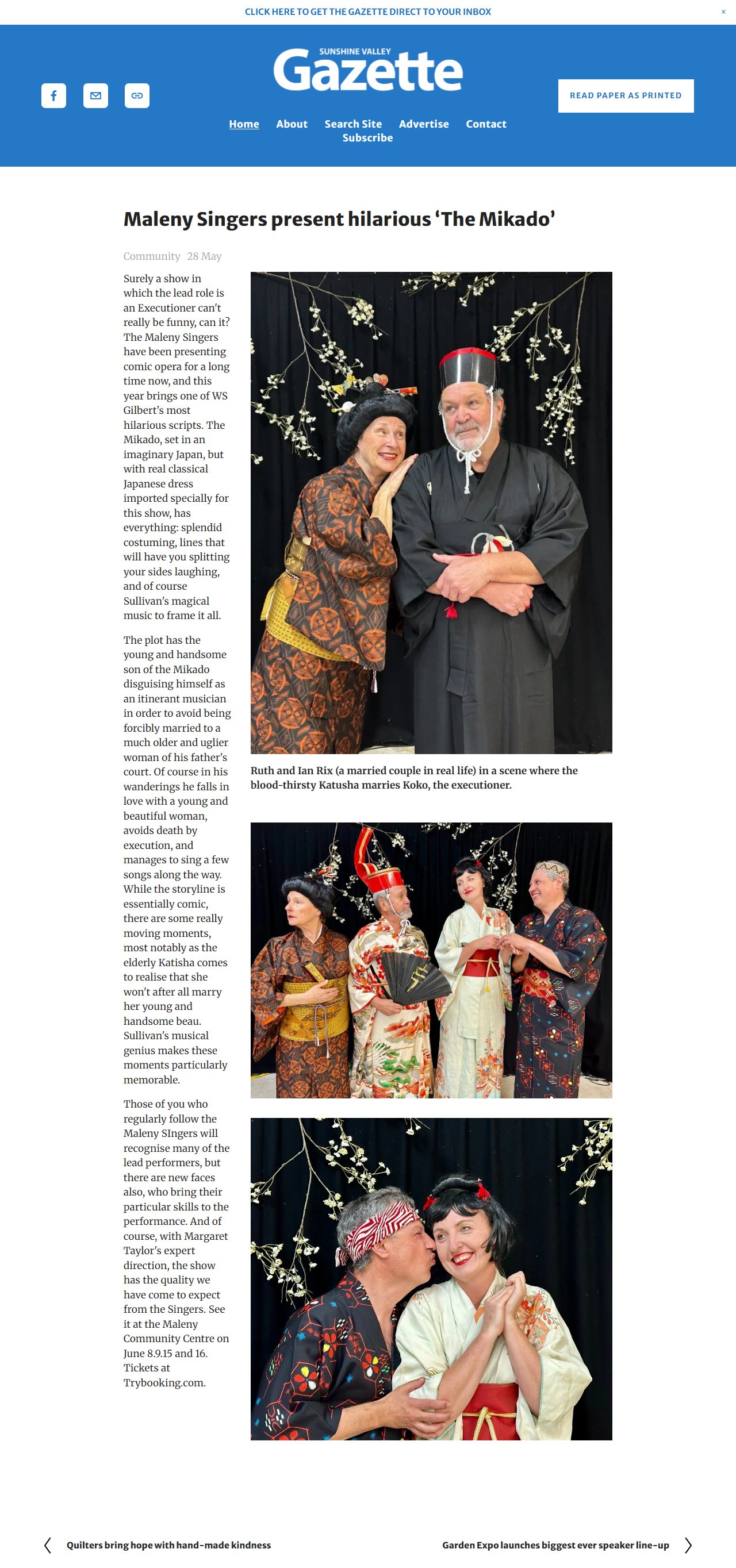 Screenshot of the Sunshine Valley Gazette article: Maleny Singers present hilarious The Mikado